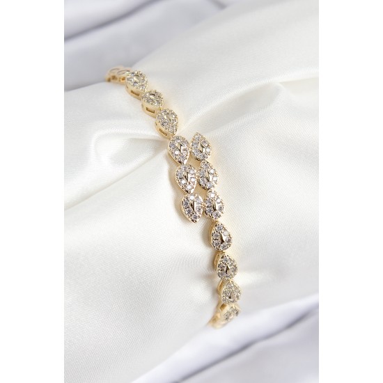VIP Pirinç Zirkon Taşlı Sıralı Damla Model Gold Renk Kadın Bileklik - TJ-BB7769
