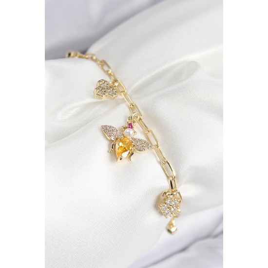 Pirinç Zirkon Taşlı Arı Model Gold Renk Kadın Bileklik - TJ-BB7771
