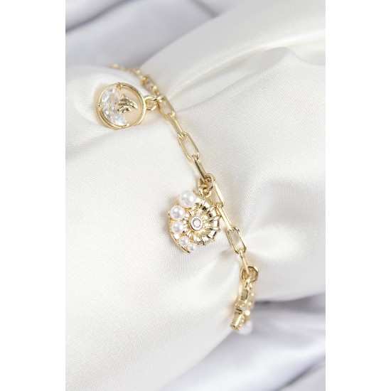 Pirinç Zirkon Taşlı Deniz Kabuğu Model Gold Renk Kadın Bileklik - TJ-BB7772