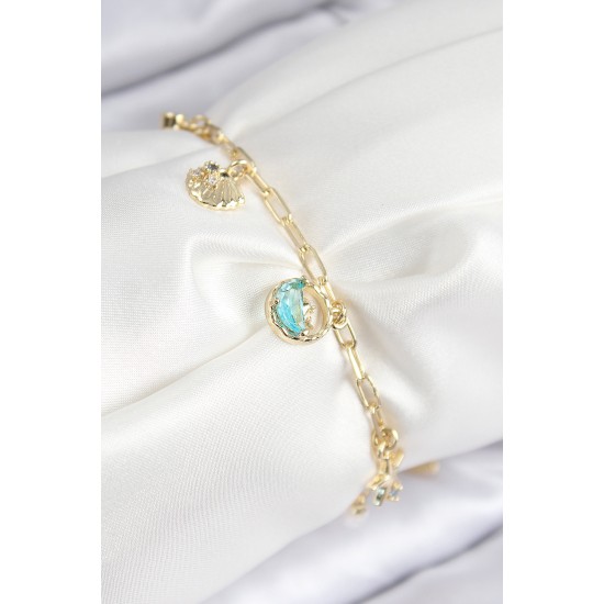 Pirinç Zirkon Taşlı İstiridye Model Gold Renk Kadın Bileklik - TJ-BB7773