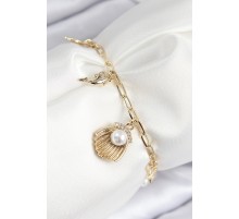 Pirinç Zirkon Taşlı İncili İstiridye Model Gold Renk Kadın Bileklik - TJ-BB7774