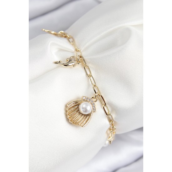 Pirinç Zirkon Taşlı İncili İstiridye Model Gold Renk Kadın Bileklik - TJ-BB7774