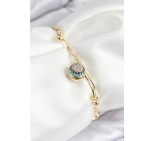 Pirinç Zirkon Taşlı Nazar Boncuğu Model Gold Renk Kadın Bileklik - TJ-BB7775