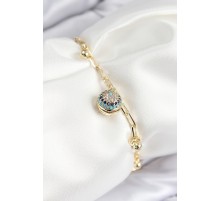 Pirinç Zirkon Taşlı Nazar Boncuğu Model Gold Renk Kadın Bileklik - TJ-BB7775