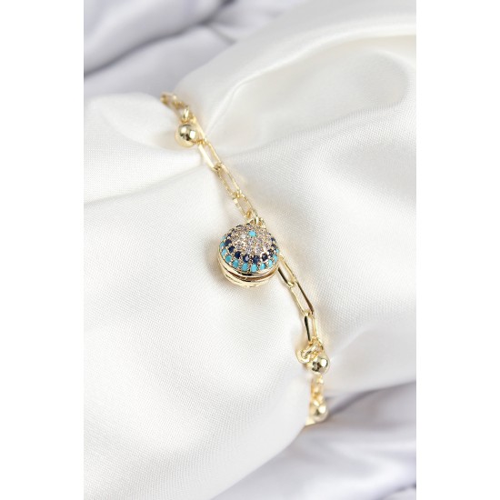 Pirinç Zirkon Taşlı Nazar Boncuğu Model Gold Renk Kadın Bileklik - TJ-BB7775