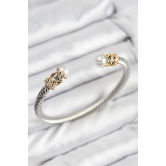 316L Çelik Zirkon Taşlı İnci Model Gold Ve Gümüş Renk Kadın Bileklik - TJ-BB7778