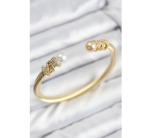 316L Çelik Zirkon Taşlı İnci Model Gold Renk Kadın Bileklik - TJ-BB7779