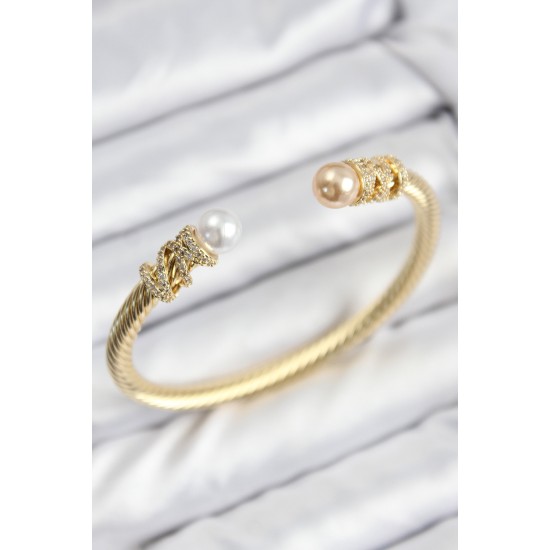 316L Çelik Zirkon Taşlı İnci Model Gold Renk Kadın Bileklik - TJ-BB7779