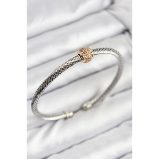 316L Çelik Zirkon Taşlı Burma Model Gold Ve Gümüş Renk Kadın Bileklik - TJ-BB7780