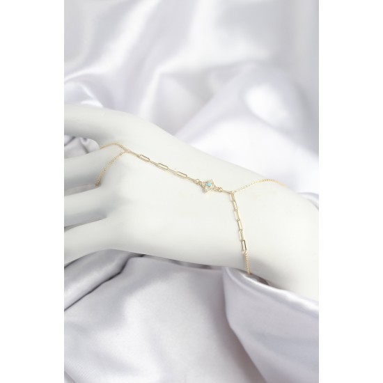 Pirinç Zirkon Taşlı Mavi Boncuklu Yonca Model Gold Renk Şahmeran - TJ-SN721