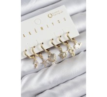Pirinç Zirkon Taşlı İstiridye Balina Ve Yıldız Gold Renk 6'lı Küpe Set - TJ-BKP11203