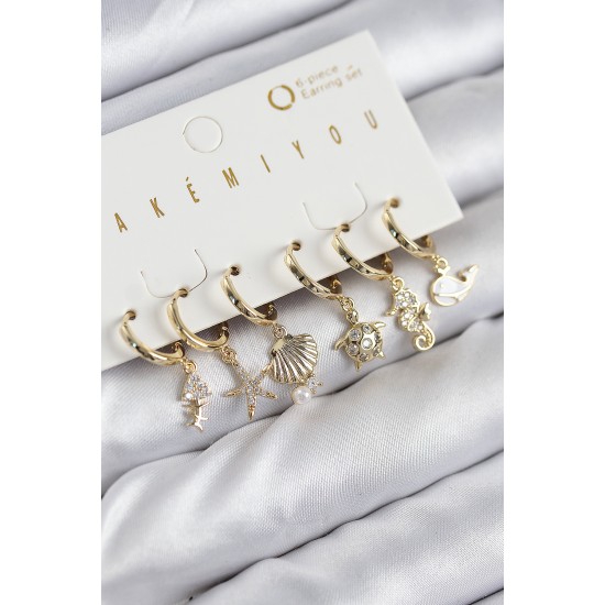Pirinç Zirkon Taşlı İstiridye Balina Ve Yıldız Gold Renk 6'lı Küpe Set - TJ-BKP11203