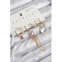 Pirinç Zirkon Taşlı Sallantılı Ve İncili Gold Renk 6'lı Küpe Set - TJ-BKP11204