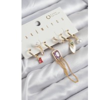 Pirinç Zirkon Taşlı Sallantılı Ve İncili Gold Renk 6'lı Küpe Set - TJ-BKP11204