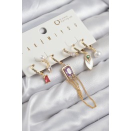 Pirinç Zirkon Taşlı Sallantılı Ve İncili Gold Renk 6'lı Küpe Set - TJ-BKP11204