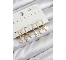 Pirinç Zirkon Taşlı Hello Kity Ve Yonca Model Gold Renk 6'lı Küpe Set - TJ-BKP11206