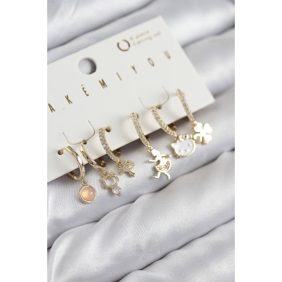 Pirinç Zirkon Taşlı Hello Kity Ve Yonca Model Gold Renk 6'lı Küpe Set - TJ-BKP11206