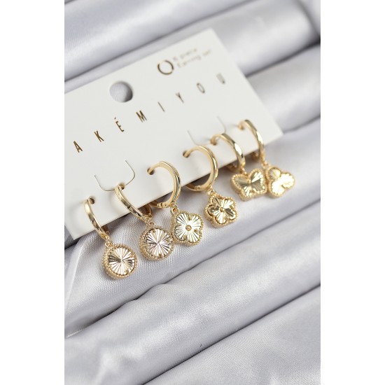 Pirinç Zirkon Taşlı Yonca Model Gold Renk 6'lı Küpe Set - TJ-BKP11207