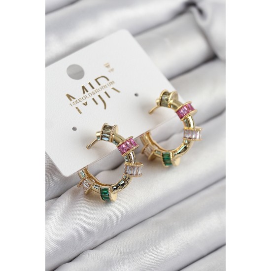 Pirinç Zirkon Taşlı Halka Model Gold Renk Kadın Küpe - TJ-BKP11208