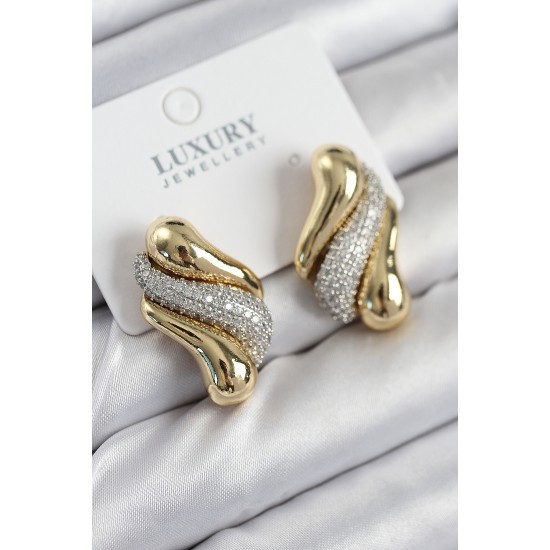 Pirinç Zirkon Taşlı Kıvrım Model Gold Renk Kadın Küpe - TJ-BKP11210