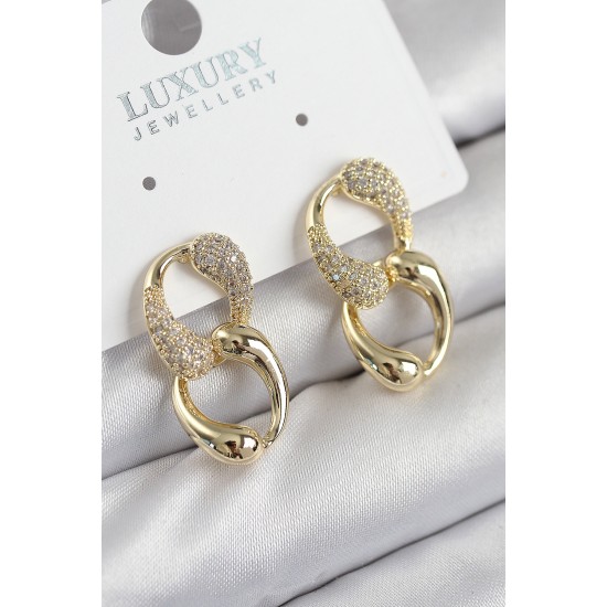 Pirinç Zirkon Taşlı Zincir Model Gold Renk Kadın Küpe - TJ-BKP11211