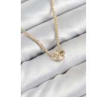 Pirinç Zirkon Taşlı Yonca Model Gold Renk Kadın Kolye - TJ-BKO10490