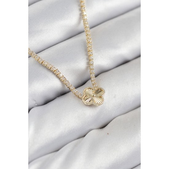 Pirinç Zirkon Taşlı Yonca Model Gold Renk Kadın Kolye - TJ-BKO10490