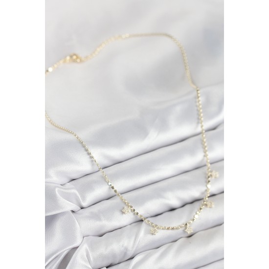 Pirinç Zirkon Taşlı Yıldızlı Ezme Zincir Model Gold Renk Kadın Kolye - TJ-BKO10491