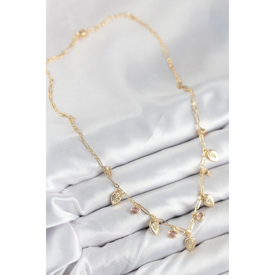 Pirinç Zirkon Taşlı Sallantılı Damla Model Gold Renk Kadın Kolye - TJ-BKO10492