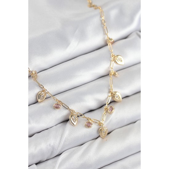 Pirinç Zirkon Taşlı Sallantılı Damla Model Gold Renk Kadın Kolye - TJ-BKO10492