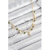 Pirinç Zirkon Taşlı Sallantılı Damla Model Gold Renk Kadın Kolye TJ-BKO10493