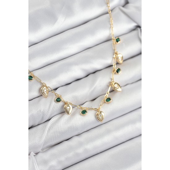 Pirinç Zirkon Taşlı Sallantılı Damla Model Gold Renk Kadın Kolye - TJ-BKO10493