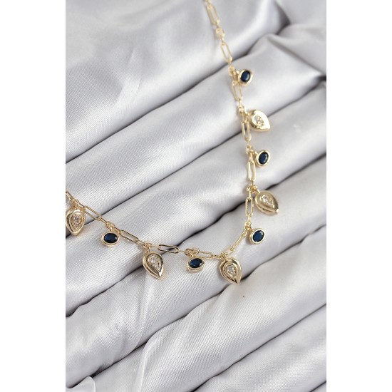 Pirinç Zirkon Taşlı Sallantılı Damla Model Gold Renk Kadın Kolye - TJ-BKO10494