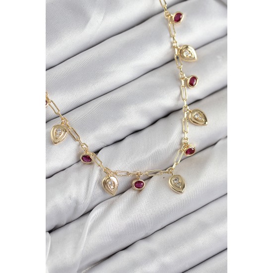 Pirinç Zirkon Taşlı Sallantılı Damla Model Gold Renk Kadın Kolye - TJ-BKO10495