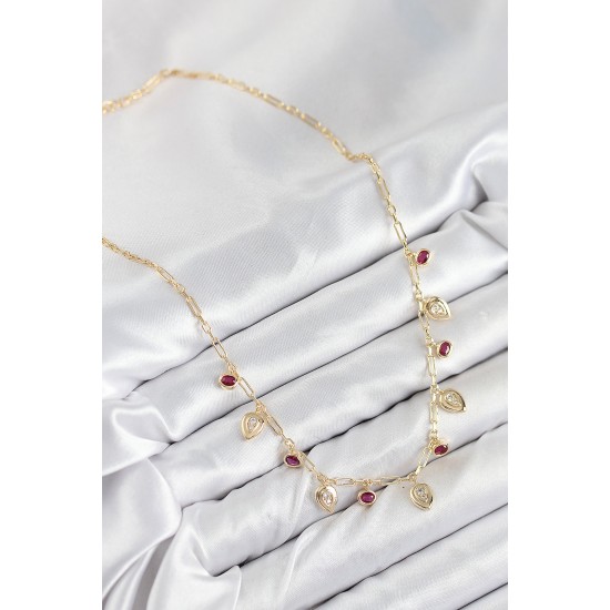 Pirinç Zirkon Taşlı Sallantılı Damla Model Gold Renk Kadın Kolye - TJ-BKO10495