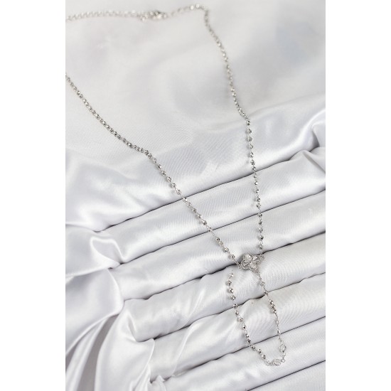 Pirinç Zirkon Taşlı Yonca Model Gümüş Renk Kadın Y Kolye - TJ-BKO10498