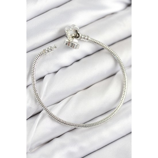 Pirinç Charm Zirkon Taşlı Yonca Model Gümüş Renk Kadın Bileklik - TJ-BB7799