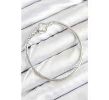 Pirinç Charm Zirkon Taşlı Yonca Model Gümüş Renk Kadın Bileklik - TJ-BB7799