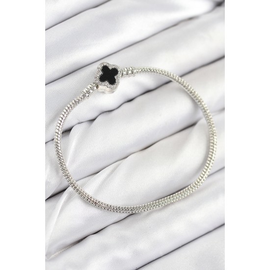 Pirinç Charm Zirkon Taşlı Yonca Model Gümüş Renk Kadın Bileklik - TJ-BB7800