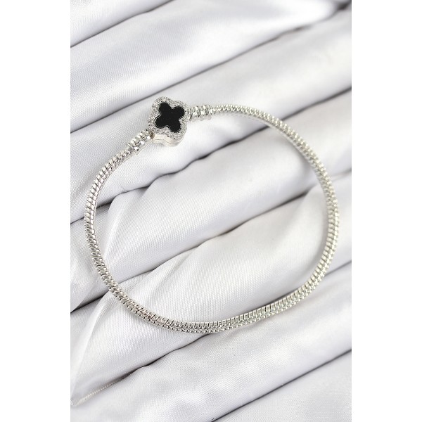 Pirinç Charm Zirkon Taşlı Yonca Model Gümüş Renk Kadın Bileklik - TJ-BB7800