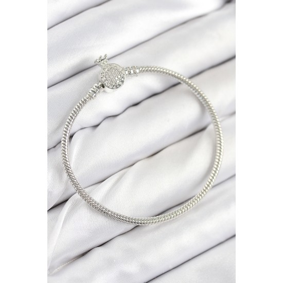 Pirinç Charm Zirkon Taşlı Taç Model Gümüş Renk Kadın Bileklik - TJ-BB7802