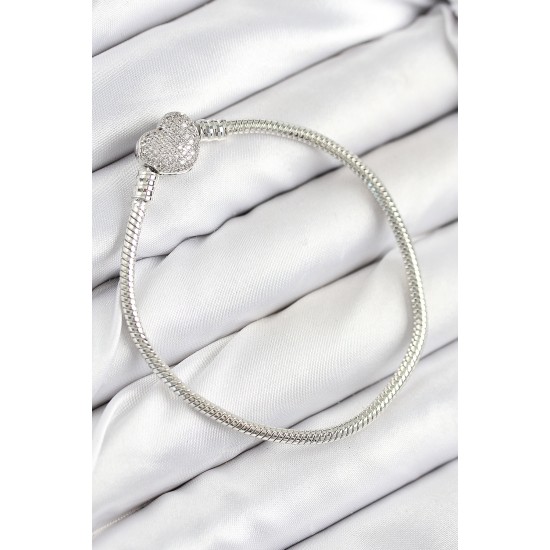 Pirinç Charm Zirkon Taşlı Kalp Model Gümüş Renk Kadın Bileklik - TJ-BB7803