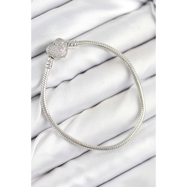 Pirinç Charm Zirkon Taşlı Kalp Model Gümüş Renk Kadın Bileklik - TJ-BB7803