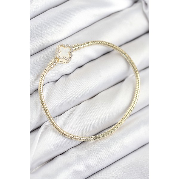 Pirinç Charm Zirkon Taşlı Yonca Model Gold Renk Kadın Bileklik - TJ-BB7805
