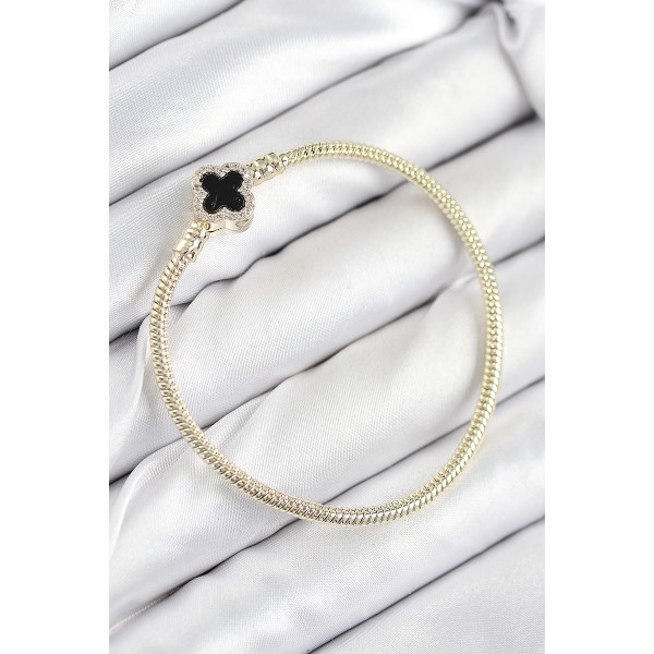 Pirinç Charm Zirkon Taşlı Yonca Model Gold Renk Kadın Bileklik - TJ-BB7806