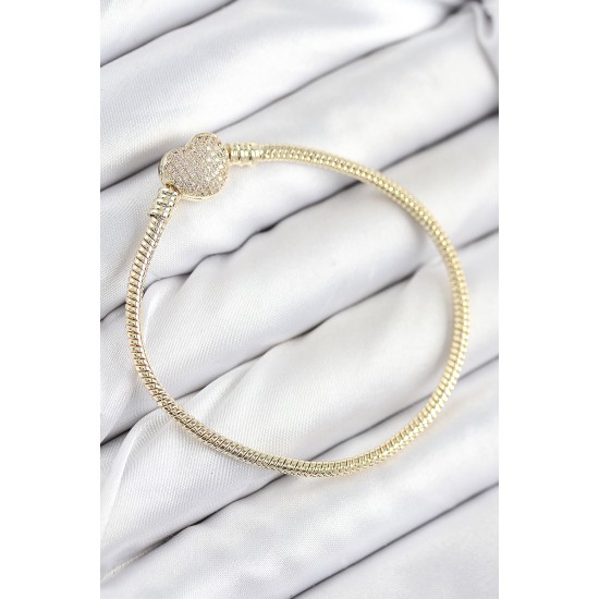 Pirinç Charm Zirkon Taşlı Kalp Model Gold Renk Kadın Bileklik - TJ-BB7809