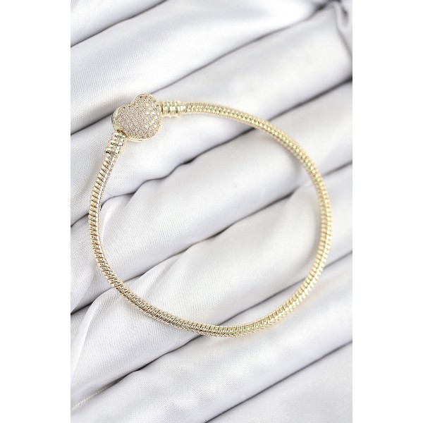 Pirinç Charm Zirkon Taşlı Kalp Model Gold Renk Kadın Bileklik - TJ-BB7809