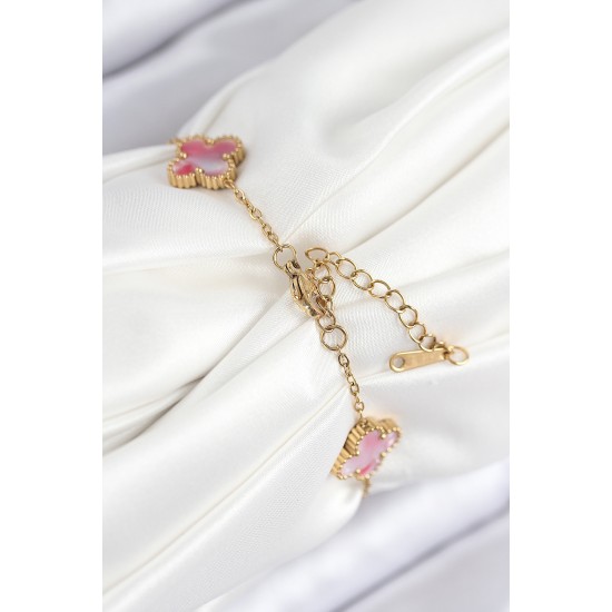 316L Çelik Sedefli Pembe Gold Renk Yonca Kadın Bileklik - TJ-BB7811