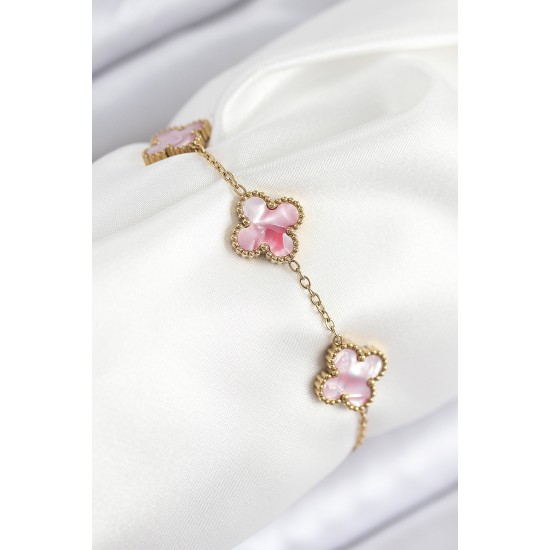 316L Çelik Sedefli Pembe Gold Renk Yonca Kadın Bileklik - TJ-BB7811