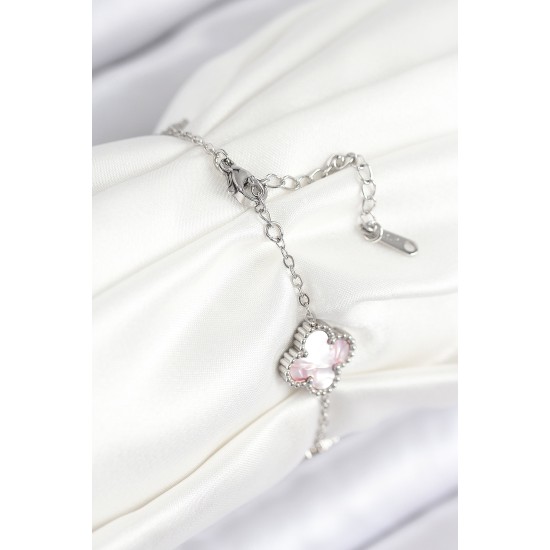 316L Çelik Sedefli Pembe Gümüş Renk Yonca Kadın Bileklik - TJ-BB7812